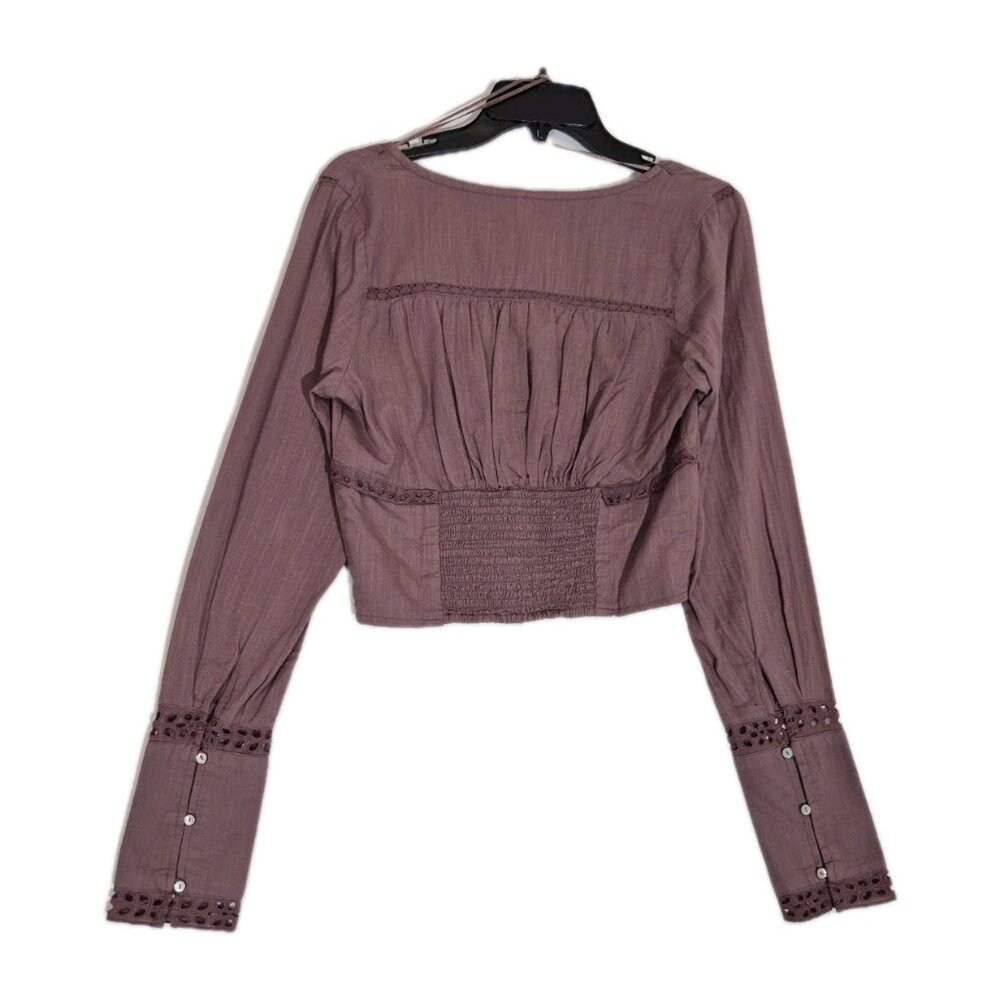 Free People Blouse Size S  Eyelet Lace Crop Top Purple Mauve Roan Rouge (13) - Picture 2 of 13